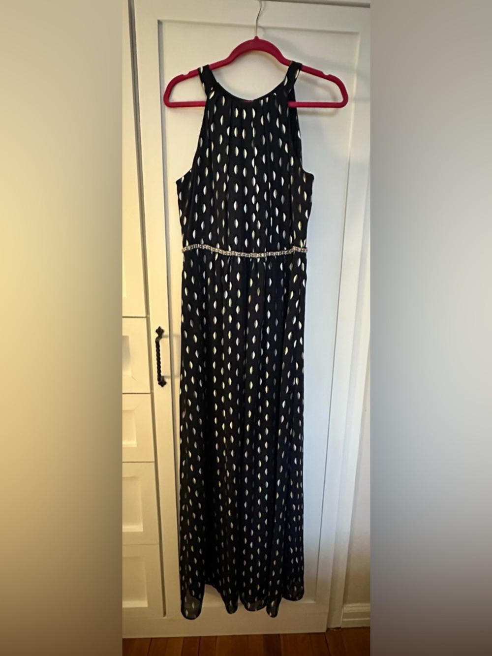 Navy Blue Sleeveless Maxi Dress with Silver Teardrop Print and Beaded Waist